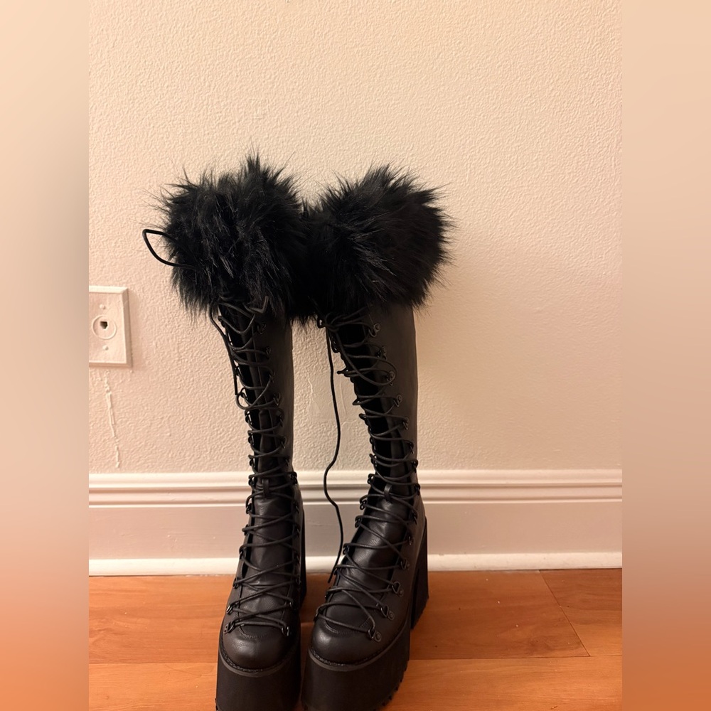 Dolls Kill Black Lace-Up Boots with Fur Trim